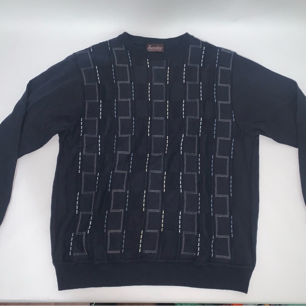 Vintage Mens Coogie Italian Barcelino Sweater Dark Blue Geometric M/L